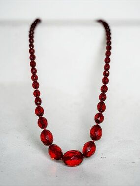Art Deco Cherry Amber Bakelite Necklace 25" Faceted Graduated Beads Hand-Knotted